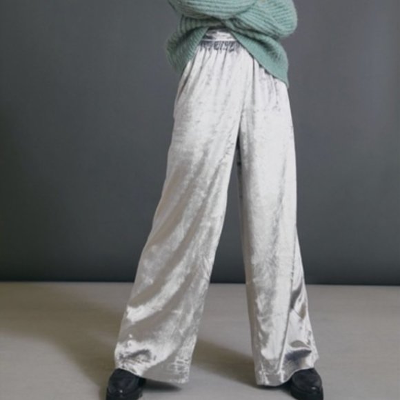 Anthropologie Maeve Anastacia Silver Soft Velvet Wide Leg Pants - Picture 1 of 7